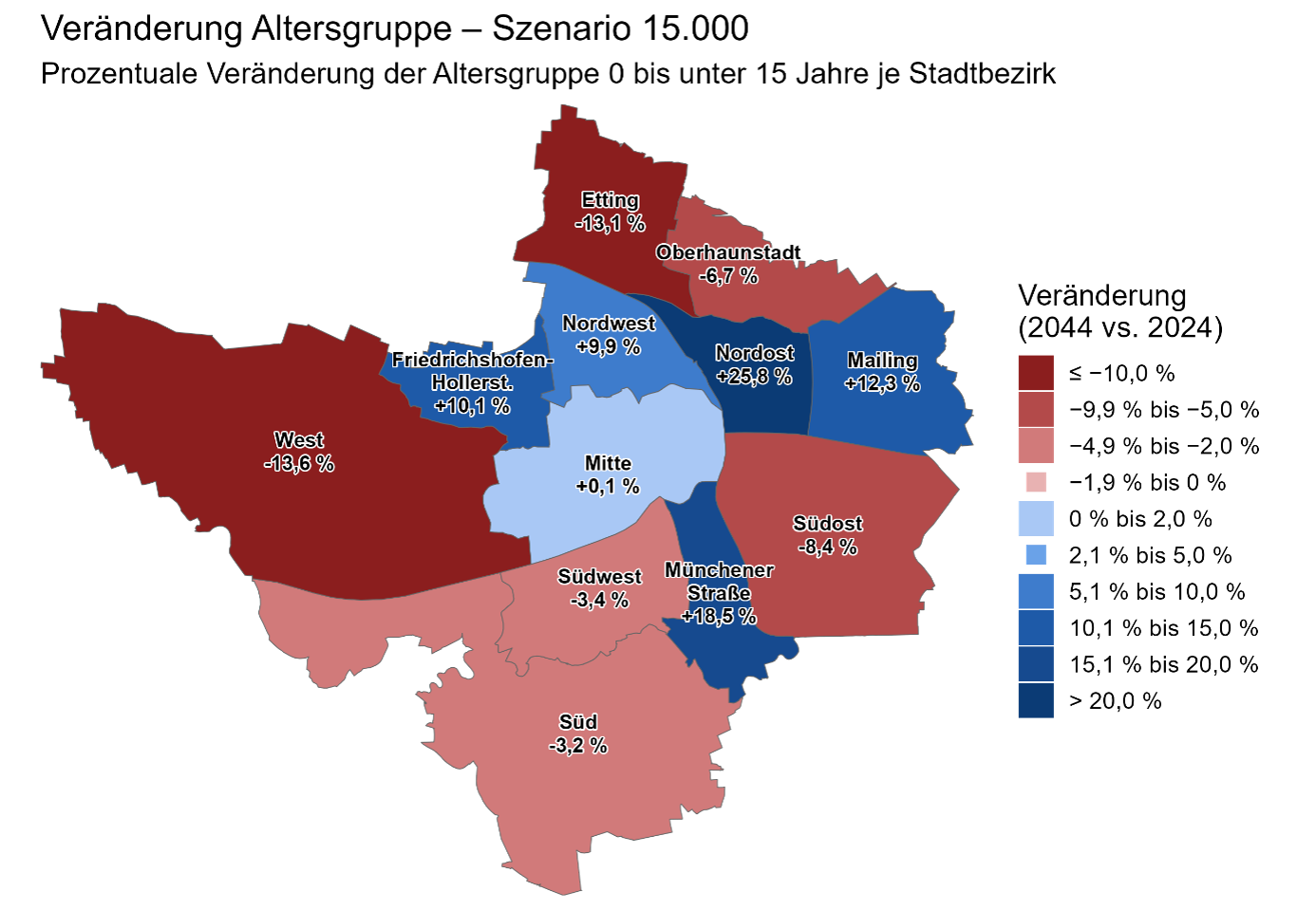 Karte zur prozentualen Veränderung der Altersgruppe 0 bis unter 15 Jahren je Stadtbezirk (Variante 2)